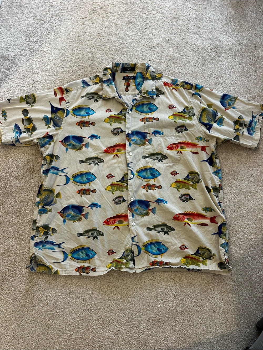 Men's Short-Sleeve Fish Print Button Up- Cream with Multicolor Fish